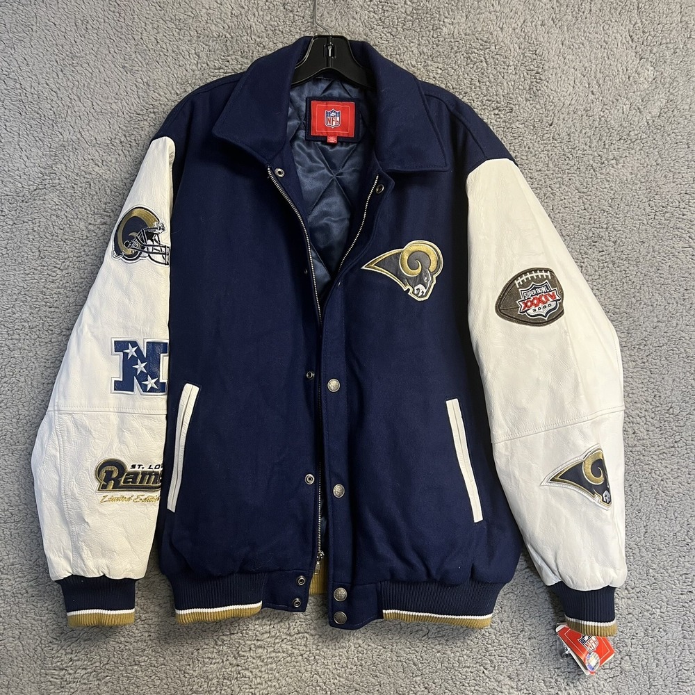 NOS VTG St. Louis Rams Men's XL Wool Leather Jacket 2000 SBXXXIV Varsity Patches